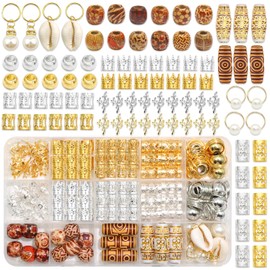 VENOFEN 208PCS Loc Dreadlock Jewelry Gold&Silver Hair Cuffs Rings Wooden Beads for Hair Pearl Shell Hair Charms Braid Accessories Decoration for Women and Girls