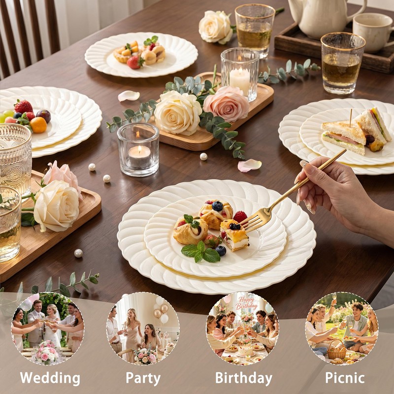 U-QE 60PCS Ivory Plastic Plates for Party – Scalloped Disposable