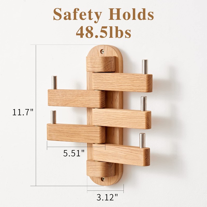 TREOAKWIS Oak Wood Coat Hooks, Coat Rack Wall Mount Swivel
