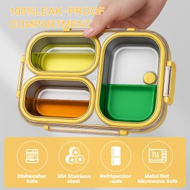 Stainless Steel Lunch Box, 3-Compartment Bento Box (25oz) - Portable Food Storage Containers Snack Boxes with Leakproof Lids, Dishwasher Safe, Metal Lunch Boxs - Ideal for Office, Travel