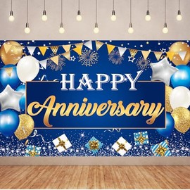 Blue 6X3.6FT Happy Anniversary Backdrop,Blue and Gold Anniversary Cheers to Wedding Anniversary Shower Party Decorations Photo Backdrops Miss to Mrs Photography Background (Anniversary-5)