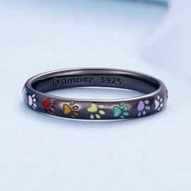 BISAER 3 mm Black Gold Plated Paw Print Ring S925 Sterling Silver Ring Puppy Dog Cat Paw Ring Multicolor Pet Print Enamel Rin Classical Simple Promise Ring for Women