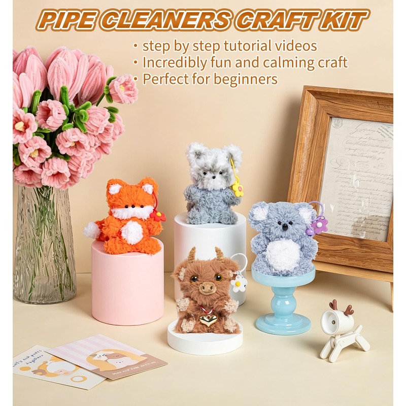 Fluffy Pipe Cleaner Craft Kits, 4-Pack DIY Plush Animal Keychain