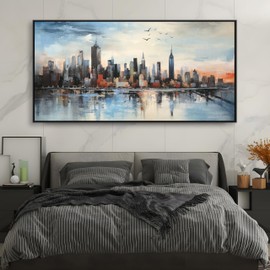 Wall Art Framed Abstract Cityscape Wall Decor Canvas Prints Blue Colorful City Theme Paintings Modern Artwork for Living Dining Room Bedroom Office Decoration 20"x40"