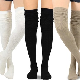 Teehee Women's Fashion Extra Long Cotton Thigh High Boot Socks 3 Pair (Pointelle)