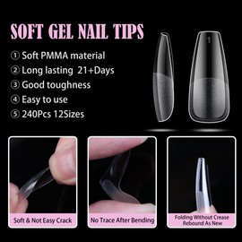 Carmu Medium Coffin Soft Gel Nail Tips 240pcs Pre-shape Coffin Acrylic Nails Tips Half Matte Full Cover Clear False Nails Tips for Nail Extension Home DIY Salon 12 Sizes Gelly Fake Coffin Nail Tips