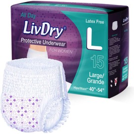 Livdry L Adult Diapers Women Overnight, Ultimate Max Absorbency, All Day or Night Protection, Large (15 Count)