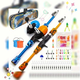 High Quality Child Rod Reel Lure Frog Hook Box Bag in One Set Telescopic Pmma Fishing Rod and Reel Combo for KidsLength: 1.5m, Color: blue and orange fishing pole kit