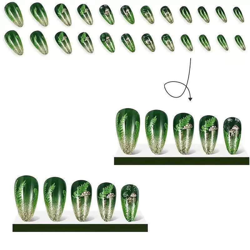 24Pcs Green Press On Nails Medium Almond Fake Nails Gold