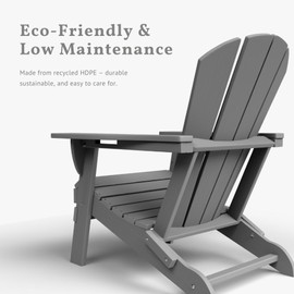 Patio Kingdom Folding Adirondack Chair with Cup Holders, HDPE Plastic Outdoor Chairs, Weather Resistant, Real Wood Look for Patio, Deck, Fire Pit, Backyard, Gray