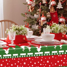 Christmas Tablecloth Disposable - Plastic Christmas Table Cover Red Green White Color - Xmas Snowflake Reindeer Tree Table cloth for Christmas Party Table Decorations - Rectangle, 54 x 108 inches (3)