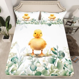 Erosebridal Kawaii Chicken Twin Size Sheet Sets for Boys Girls Cartoon Animal Bed Sheets Set, Eucalyptus Leaves Bedding Farmhouse Chick Sheets, Tropical Botanical Plants Fitted Sheet