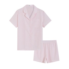 Latuza Women's Seersucker Cotton Summer Pajama Set Button Down Pj Set 2X Pink Stripe