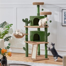 Yaheetech Cactus Cat Tree, 66in Cat Tower for Indoor Cats, Multi-Level Cat Tree with Large Condos & Ramp, Pet Play House with Padded Perch, Platforms, Basket & Hanging Ball, Green/Brown