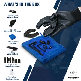 Rhino Gland Nut Wrench - Set of 2 Hydraulic Cylinder Spanner Wrench Adjustable - Spanner Wrench Set Includes Gloves, Microfiber Towel, Pins & Allen Wrenches, Suitable for Farm & Construction Equipment
