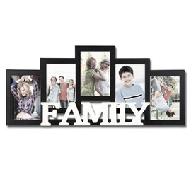 Adeco Decorative Black and White Wood ''Family'' Wall Hanging Picture Photo Frame, 5 Openings, 4x6''
