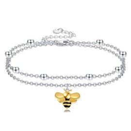 POPLYKE Bee Anklet for Women 925 Sterling Silver Double Layered Chain Gold Plated Bee Ankle Bracelet Girls Summer Beach Jewellery