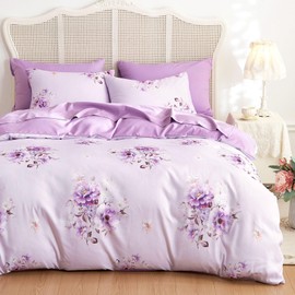 Wake In Cloud - Shabby Chic Comforter Set, Floral Farmhouse Cottagecore Vintage Colorful Pastel Spring Flowers, Soft Lightweight Bedding for Women Girls, 3 Pieces, Purple, Twin/Twin XL Size