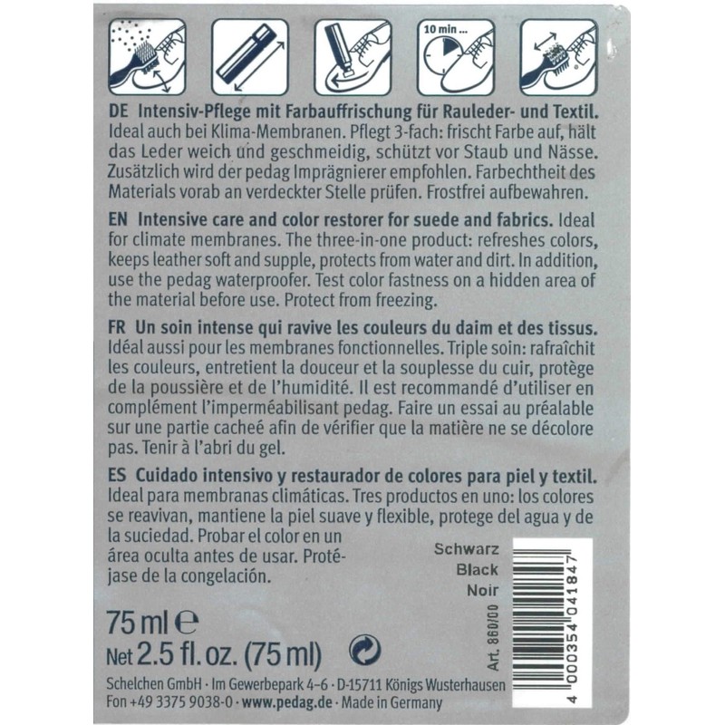 pedag Suede Color Restorer, German Made, Applicable Indoors, Black, 2.6
