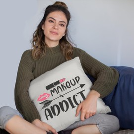 Makeup Addict Text w/Pink Lipstick & Lips Graphic Design - Beauty Themed Merch for Makeup Artist or Cosmetologist, Gift for Makeup Lovers, Pillow Cover, White 20X20 in