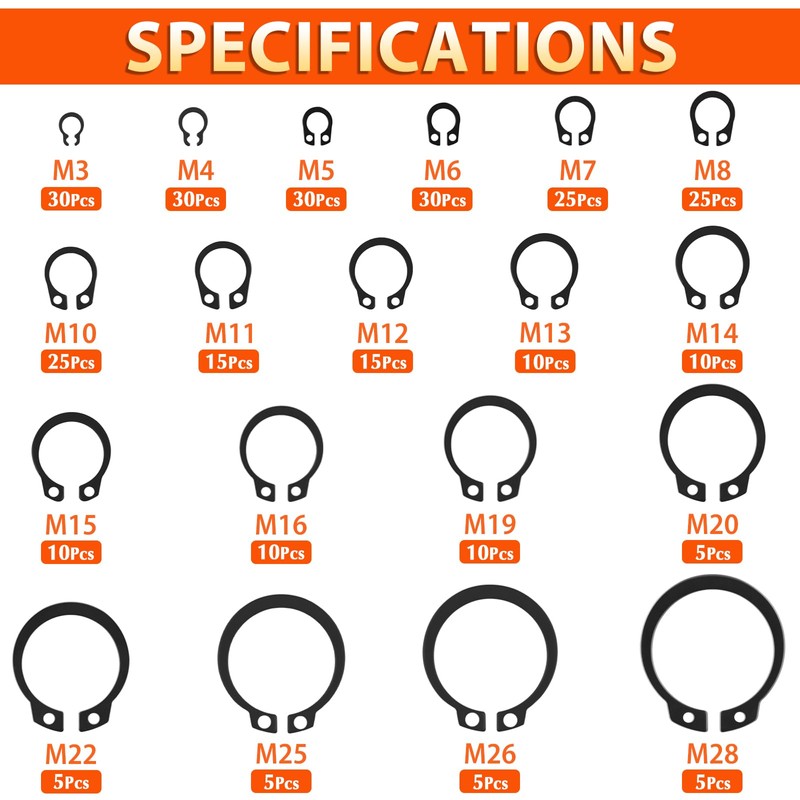 Jeboler 300 Circlips Set, Diameter 3-28 mm, E-Clips, Snap Ring,