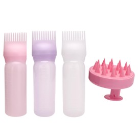 Keratobleem Hair Oil Applicator Set, 3 Pieces Hair Dye Brush Bottle, 1 x Head Massage Brush, Hair Oil Applicator Bottle, Root Comb Applicator Bottle for Hair Oiling Hair Colourations