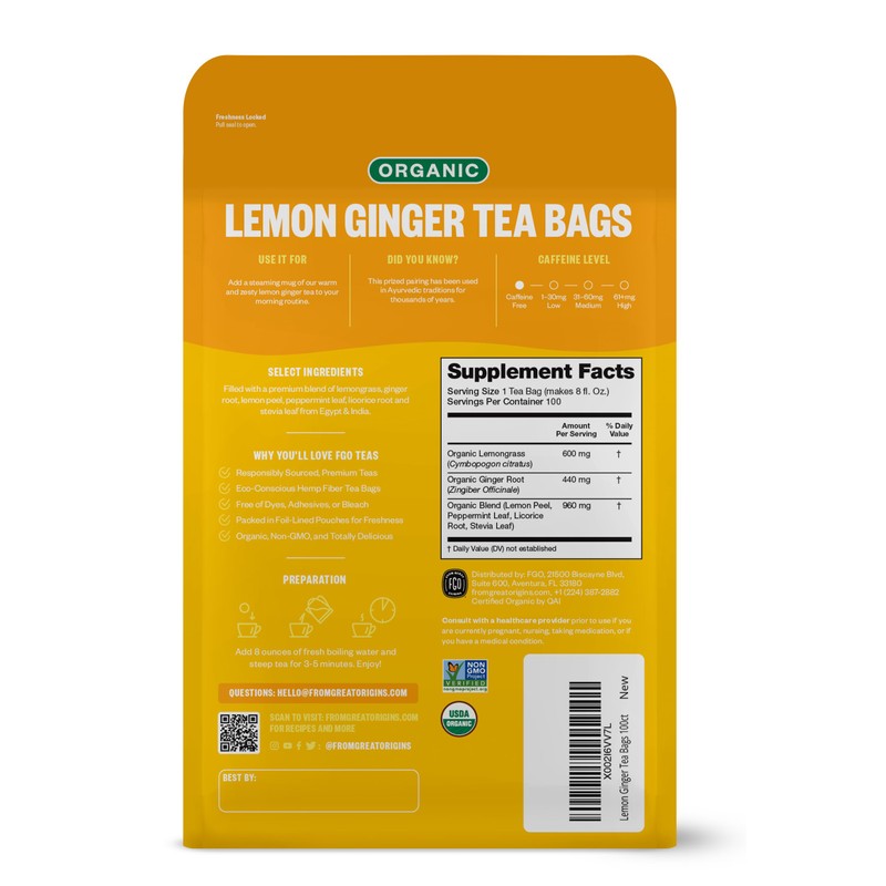 FGO Organic Lemon Ginger Tea, 100 Count, Eco-Conscious Tea Bags,