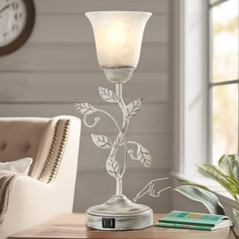 RORIANO Rustic Touch Table Lamp for Bedroom, 3-Way Dimmable Nightstand Lamp with 2 USB Ports, Retro Vintage White Glass Shade Leaf Desk Lamp for Living Room Entryway, LED Bulb Included