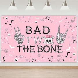 Avezano Bad Two The Bone Backdrop Banner Skeleton Theme 2nd Birthday Decorations for Boys Rock And Roll 2nd Birthday Party Banner Music Theme 2 Year Old Bday Party Decor (Pink, 6x3.6ft)