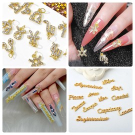 SILPECWEE 24pcs Zodiac Nail Charms Dangle 3D Zodiac Signs Letters Gold Nail Letter Flat Back Nail Rhinestones Constellation Words Hollow Nail Studs Alloy Nail Jewels Decoration