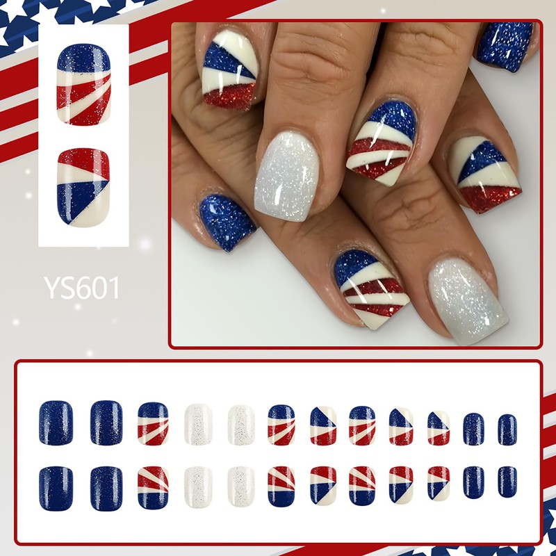 LOPMNGHT 24Pcs Independence Day Press on Nails Short Square Red