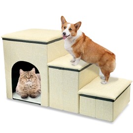 Fhiny Dog Stairs with Storage, 3-Steps Foldable Pet Stairs for Small Dogs Non-Slip Puppy Steps with Condo for High Bed & Couch Dog Ramp for Old Dogs and Cats, Holding up to 160 lbs Pets (Khaki)