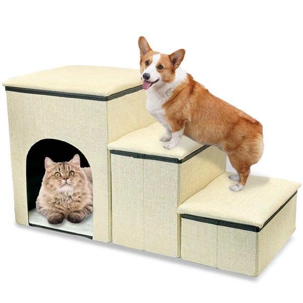 Fhiny Dog Stairs with Storage, 3-Steps Foldable Pet Stairs for