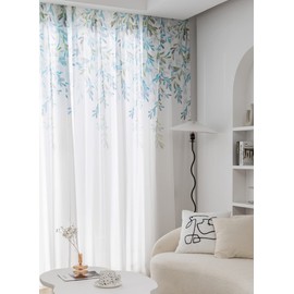 M&W DAS DESIGN Curtain Curtain Leaves Printed Store Curtains Semi-Transparent Fabric Voile Decorative Curtain Translucent Window Curtain Eyelet Curtain Soft (Pack of 1)