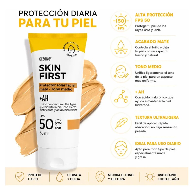 Protector Solar Facial Cizone Skin First Fps 50 Tono Medio