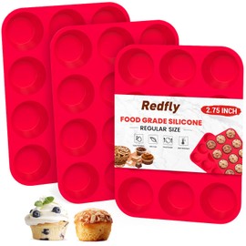 Redfly 3 Pack Silicone Muffin Pan & Cupcake Pans for Baking - 12 Cup Regular Size BPA Free Egg Bites Molds