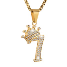 AsAlways 18K Gold Plated Crown Number Necklace for Men Women Hip Hop Bling Cubic Zirconia Lucky Numbers Pendant Necklace Jewelry Gift (Number 7)