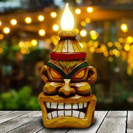 Tiki Head - Estatua de luz solar para exteriores, luces intermitentes con luces LED, 22,2 cm de alto (multicolor)