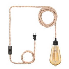 Plug in Pendant Light Cord, Industrial Hanging Light Kit with 15FT Hemp Rope, E26 E27 Light Socket Base for Hanging Lamp Kit, Hanging Light Cord with On/Off Switch, Ideal for Room Decor
