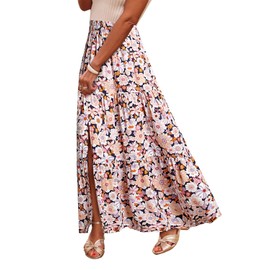Happy Sailed Women's Skirts Summer Maxi Skirt Floral Printed Elastic High Waist Split A Line Long Skirts with Pockets Black Medium