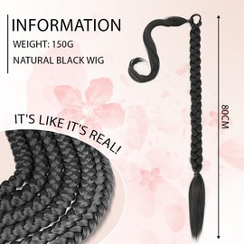 XYTAHDM Lange Pferdeschwanz-Haarverlängerungen, 80 cm lange schwarze, geflochtene, gefälschte Pferdeschwanzperücke, lange Pferdeschwanz-Haarverlängerungen für Damen mit Gummiband