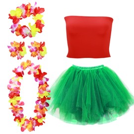 Yahenda 6 Pcs Hawaiian Woman Costume Tutu Hula Skirt with Crop Top Flower Necklace and Leis Outfits for Summer Luau Party (Medium)