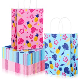 Maitys 24 Pcs Pink Blue Cartoon Hawaii Party Favors Paper Bags Summer Goody Bags Candy Treat Birthday Gift Pouch Leaf Flower Pattern for Tropical Aloha Festival Hawaiian Luau Party Supplies