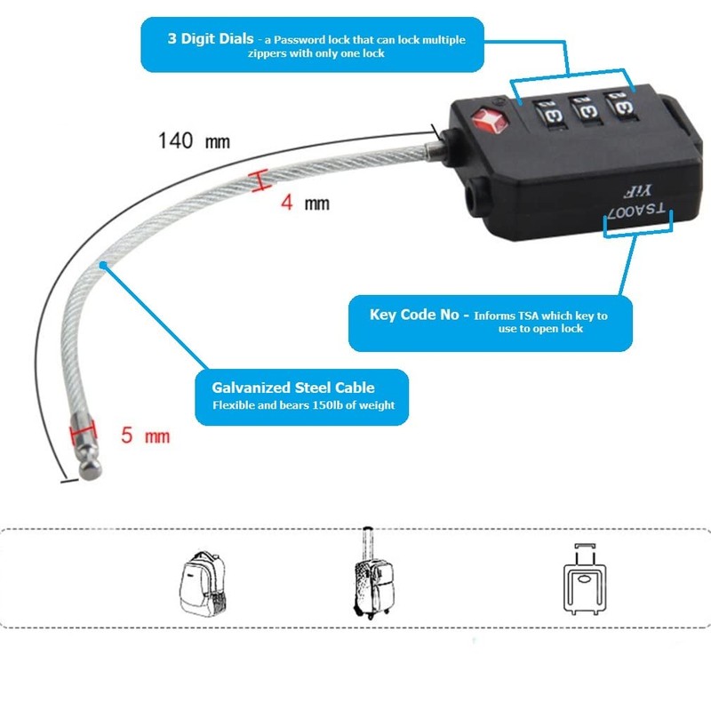 2 x V.S.P. Luggage Locks TSA Approved, Cable Travel Locks,