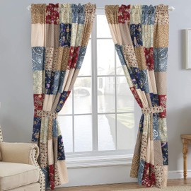 Cozy Line Home Fashions Red Navy Patchwork Window Curtains with Tie Backs Set, 84" x 53", 2 Panels
