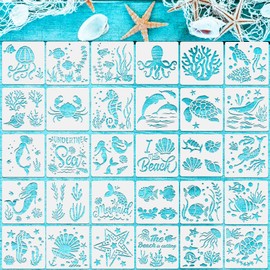 30 Pieces Sea Ocean Creatures Stencils 5 x 5 Inch Ocean Templates for Painting Sea Animal DIY Pattern Templates Mermaid Stencils on Wood for Scrapbooking Drawing Tracing Furniture Wall Crafts