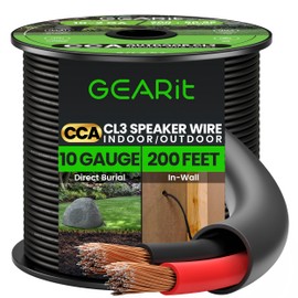 GearIT 10/2 Speaker Wire (200 Feet) 10 Gauge (Copper Clad Aluminum) - Outdoor Direct Burial in Ground/in Wall / CL3 CL2 Rated / 2 Conductors - CCA, Black 200ft