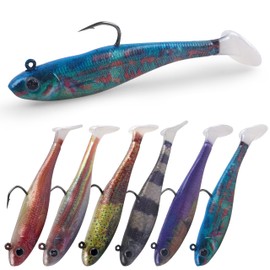Pre-Rigged Soft Fishing Lures, 6pcs Paddle Tail Swimbaits Kit Sinking Fishing Lures Jig Head Soft Baits Fishing Gear for Bass Trout Crappie Pike Saltwater Freshwater