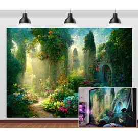 Loccor 12x8ft Fabric Fairy Tale Garden Backdrop Enchanted Forest Flower Arches Colorful Greenery Wonderland Background for Girl Princess Photography Magic World Birthday Party Decor Photo Studio Props