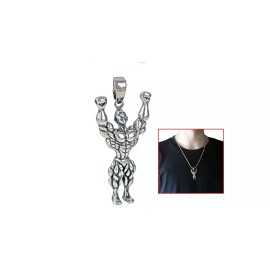 Fashion Jewelry FITNESS STEEL LARGE PENDANT GYM MEN SILVER 20" necklace MUSCLE WORKOUT WEIGHTS